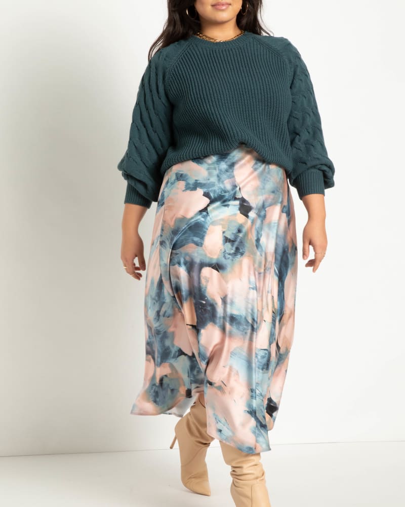 Plus size model wearing Lexi Spring Romance Satin Midi Skirt by ELOQUII | Dia&Co | dia_product_style_image_id:189299